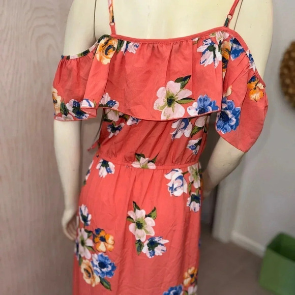 HINT OF BLUSH CORAL FLORAL PRINT OFF THE SHOULDER FAUX WRAP RUFFLE MAXI DRESS L - Picture 10 of 16